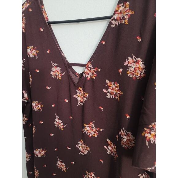 Maurices Dress Long Shirt Women's Maroon Floral V-Neck Short Sleeve Boho Size L - Picture 2 of 3
